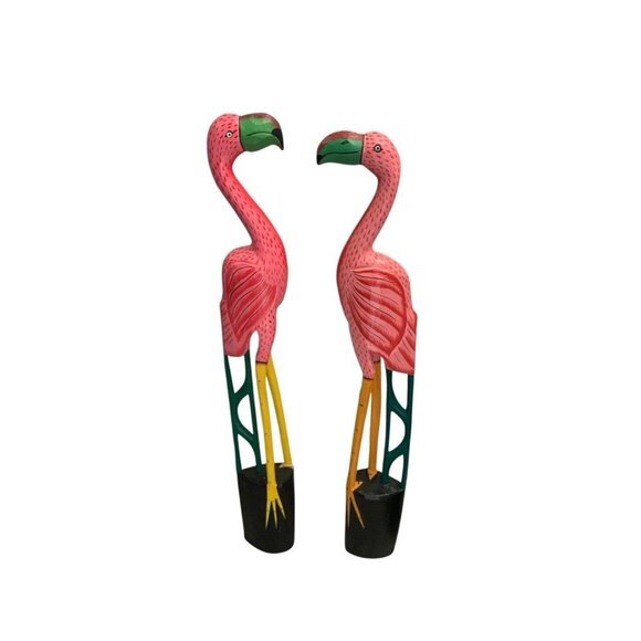 Bird Statues Pair Large Flamingo 38” Wood Hand Carved Vintage Tropical Decor